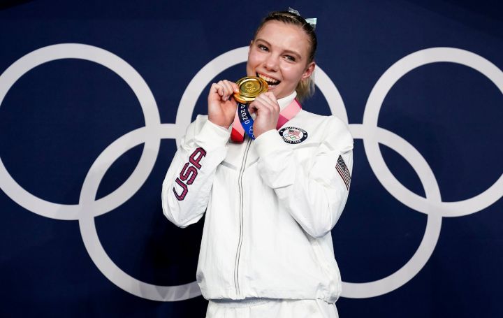 Jade Carey Celebrates Gold Medal Win